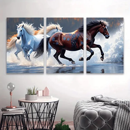 3pcs Galloping Horses Scene Wall Art Set Canvas Framed 60x90cm - High Quality Print 100% Australian Made Wall Canvas Ready to Hang