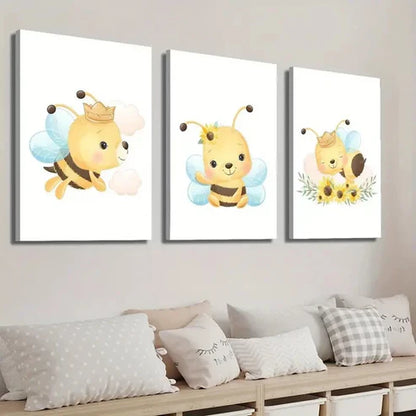 3pcs Cartoon Bees Flowers & Butterflies  Wall Art Set Canvas Unframed - High Quality Print 100% Australian Made Wall Canvas - Bella Home Decor