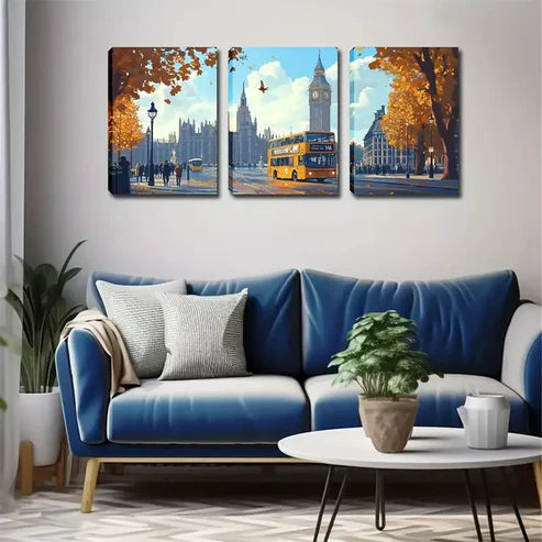 3pcs Autumn Romance, London Street Wall Art Canvas Unframed - High Quality Print 100% Australian Made Wall Canvas - Bella Home Decor