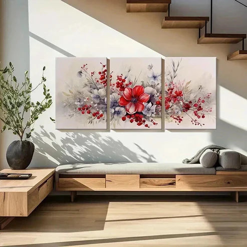 3pcs Red Flower Bouquet Abstract Floral Wall Art Canvas Unframed - High Quality Print 100% Australian Made Wall Canvas