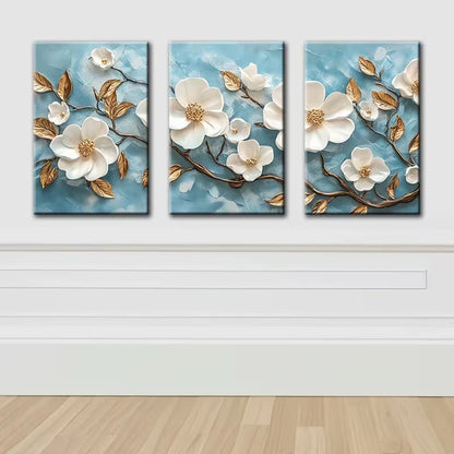 3pcs Beautiful White Florals and Golden Leaves Wall Art Set Canvas Framed 50x70cm - High Quality Print 100% Australian Made Wall Canvas Ready to Hang - Bella Home Decor