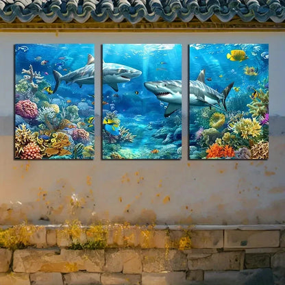 3pcs Underwater Sharks and Coral Reefs Design Metal Print Ready to Hang Art - Bella Home Decor