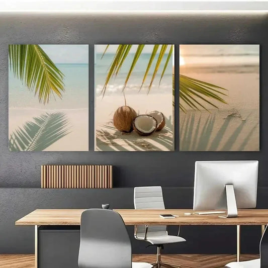3pcs Tropical Beach Palm Leaves Coconut & Sand Metal Print Ready to Hang Art