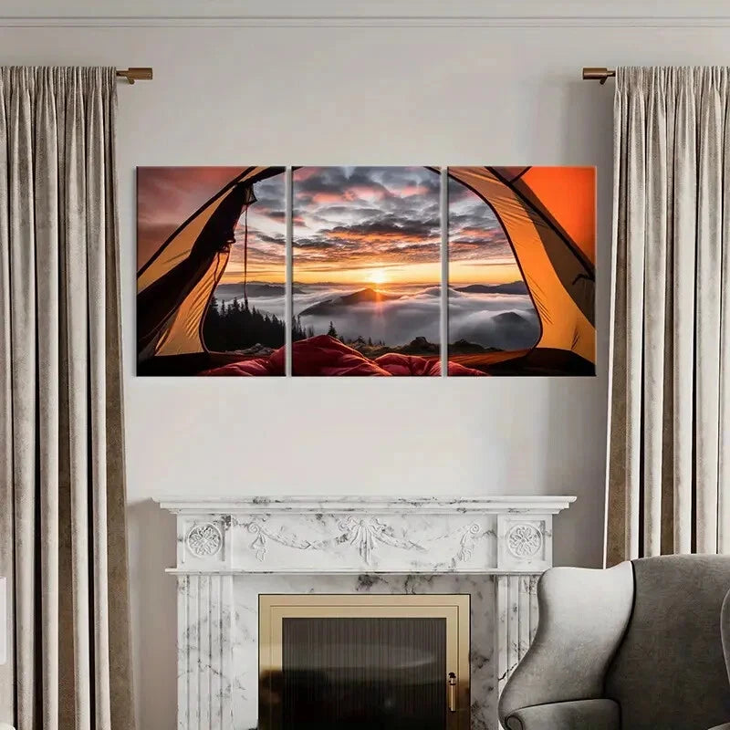 3pcs Tent View Mountain Range Painting Metal Print Ready to Hang Art - Bella Home Decor