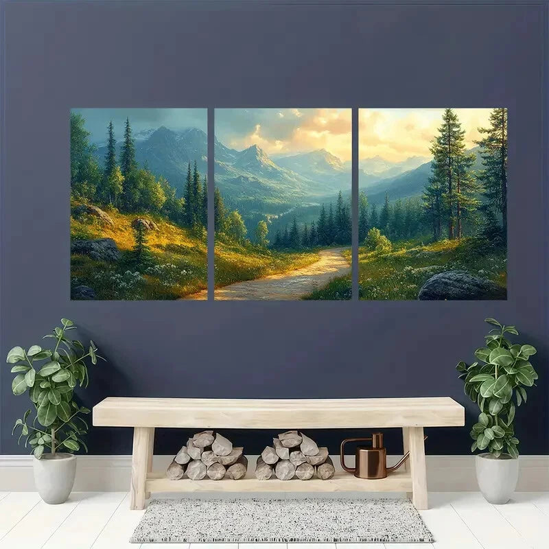3pcs Forest Landscape with Mountain Path Metal Print Ready to Hang Art - Bella Home Decor