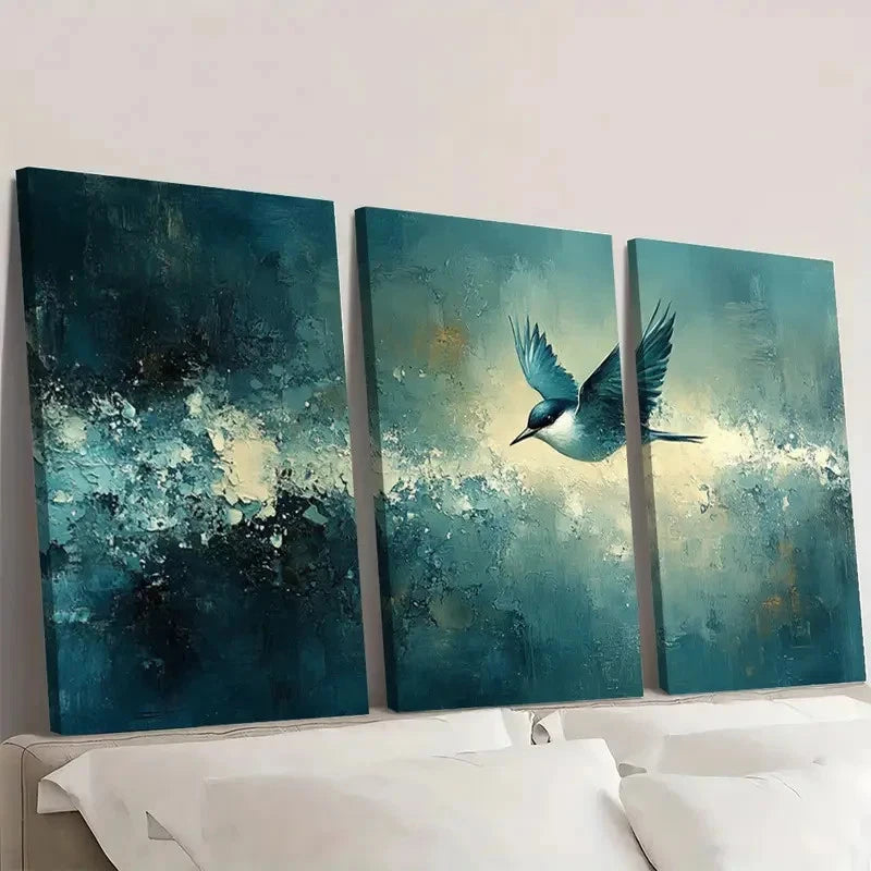 3pcs Bird Teal Tan Pastel Abstract Painting Wall Art Set Canvas Framed 40x60cm - High Quality Print 100% Australian Made Wall Canvas Ready to Hang - Bella Home Decor