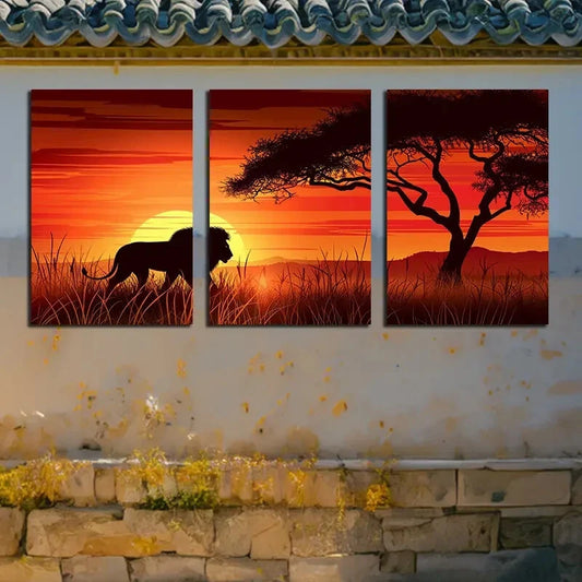 3pcs Lion on The Grassland Illustration Metal Print Ready to Hang Art - Bella Home Decor