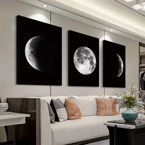 3pcs Full and Half Moon Black & White Wall Art Set Canvas Unframed - High Quality Print 100% Australian Made Wall Canvas - Bella Home Decor