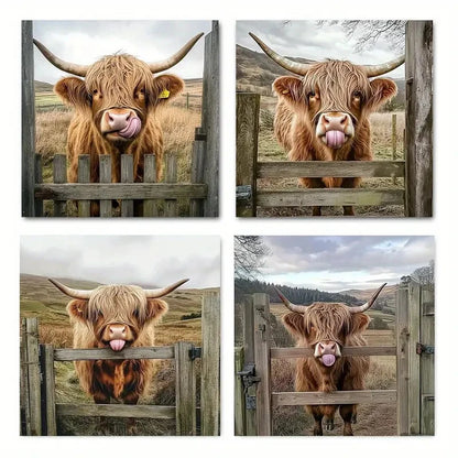 4pcs Charming Highland Cow Wall Art Canvas Framed