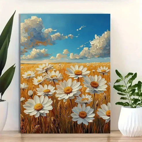 Beautiful White Daisies Under Bright Blue Painting 60x90cm Metal Print Ready to Hang