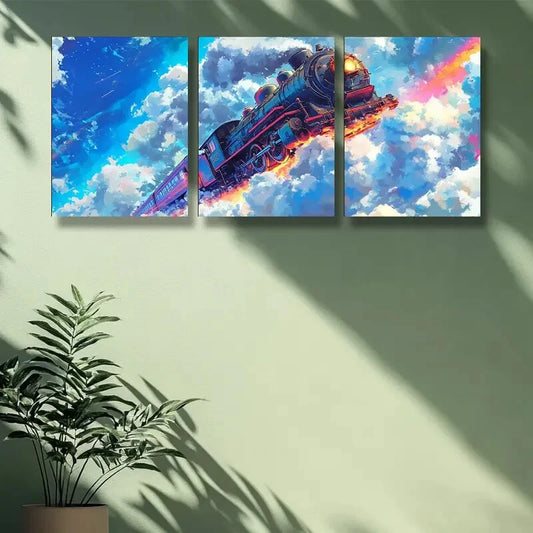 3pcs Train On Sky , A Rainbow Metal Print Ready to Hang Art