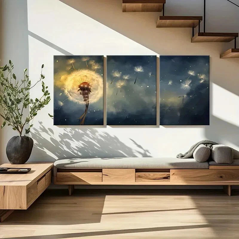 3pcs Dandelion Night Sky Glowing Seeds Ethereal Metal Print Ready to Hang Art - Bella Home Decor