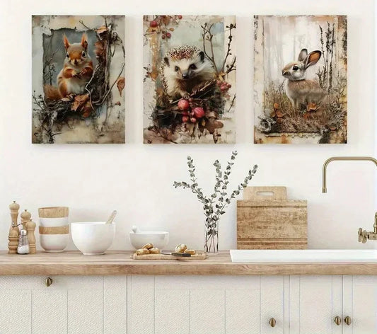 3pcs Rabbits Squirrels Hedgehogs Metal Print Ready to Hang Art
