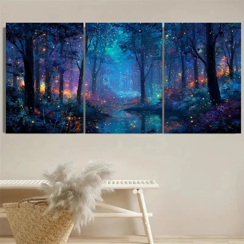 3pcs Night Magical Forest Landscape Wall Art Metal Print Ready to Hang Art