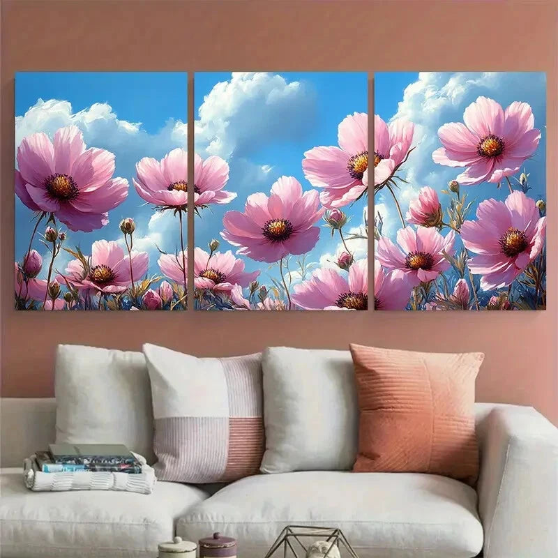 3pcs Blush Pink Cosmos Flowers Summer Sky Metal Print Ready to Hang Art - Bella Home Decor