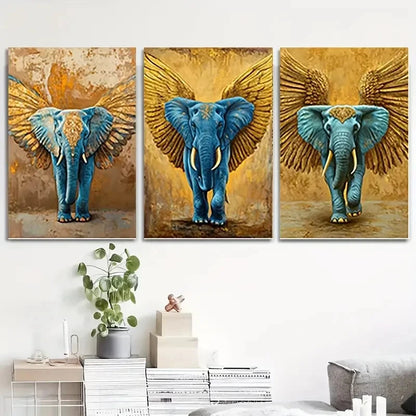 3pcs  Elephant Golden & Blue  Wall Art Set Canvas Framed 50x70cm - High Quality Print 100% Australian Made Wall Canvas Ready to Hang - Bella Home Decor