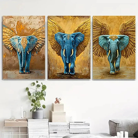 3pcs Elephant Golden & Blue Wall Art Set Canvas Framed 50x70cm - High Quality Print 100% Australian Made Wall Canvas Ready to Hang