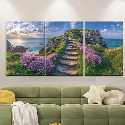 3pcs Thrift growing on cliffs above Bedruthan Metal Print Ready to Hang Art