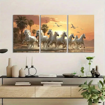 3pcs White Horses Running in Desert Sunset Metal Print Ready to Hang Art - Bella Home Decor