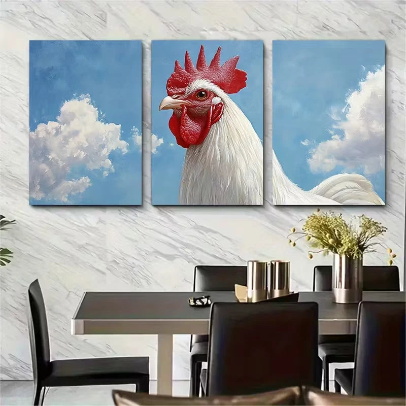 3pcs White Rooster Metal Print Ready to Hang Art