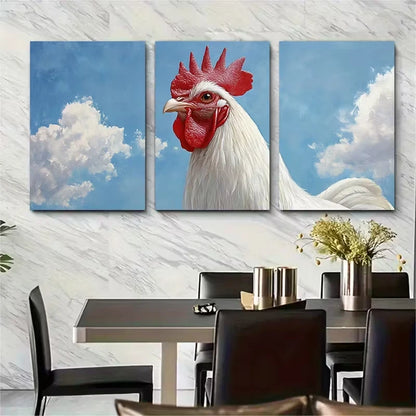 3pcs White Rooster Metal Print Ready to Hang Art