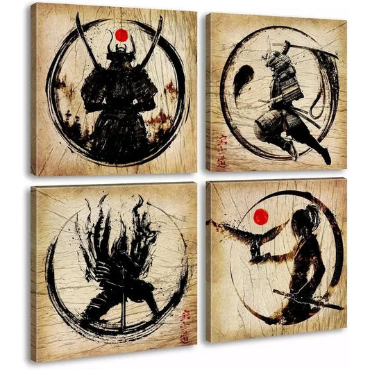 4pcs Japanese Samurai Canvas Wall Art Canvas Framed