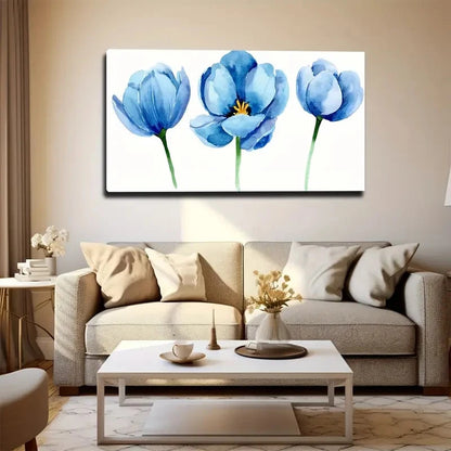 Three Blue Poppies Wall Art Canvas Office Home Room Framed 120x60cm