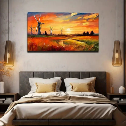 Dutch Windmill Sunset Wall Art Canvas Office Home Room Framed 120x60cm