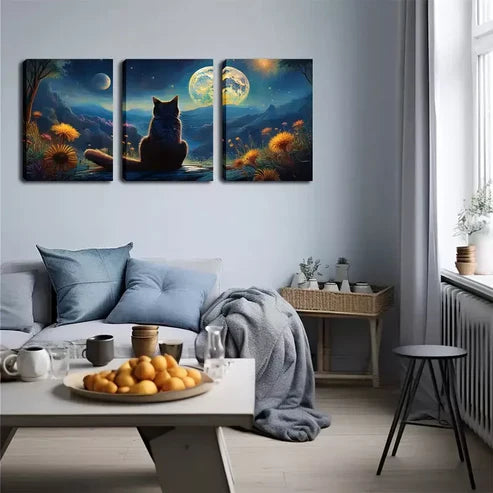 3pcs Black Cat Back, Moon, Wall Art Canvas Unframed - High Quality Print 100% Australian Made Wall Canvas - Bella Home Decor