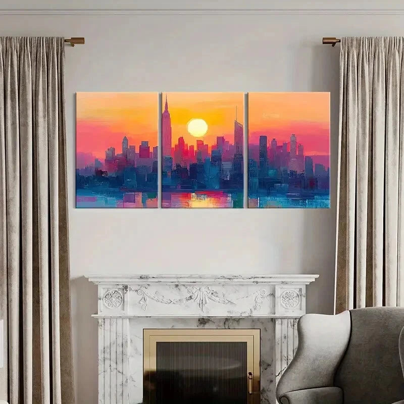 3pcs Cityscape Art Sunset Glow Urban Skyline Metal Print Ready to Hang Art - Bella Home Decor