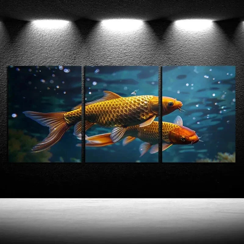 3pcs Goldfish Entwined with Two Heads and Tails Metal Print Ready to Hang Art - Bella Home Decor