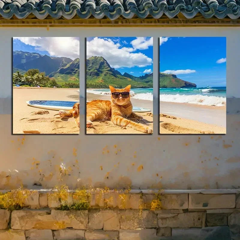 3pcs Charming Cat Surfing on a Surfboard in Bali Metal Print Ready to Hang Art - Bella Home Decor
