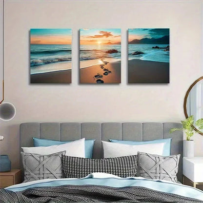 3pcs Coastal Waves Footprint Tropical Landscape Metal Print Ready to Hang Art - Bella Home Decor