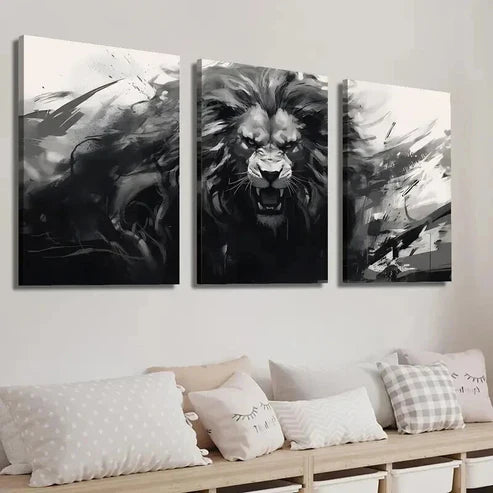 3pcs Black and White Monochrome Animal Lion Wall Art Set Canvas Unframed - High Quality Print 100% Australian Made Wall Canvas - Bella Home Decor