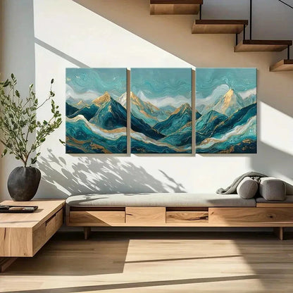 3pcs Abstract Mountain Landscape Golden Peaks Metal Print Ready to Hang Art - Bella Home Decor