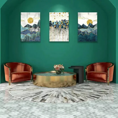 3pcs Abstract Painting Golden Sun Geometric Mountain Canvas Framed 60x90cm - High Quality Print 100% Australian Made Wall Canvas Ready to Hang