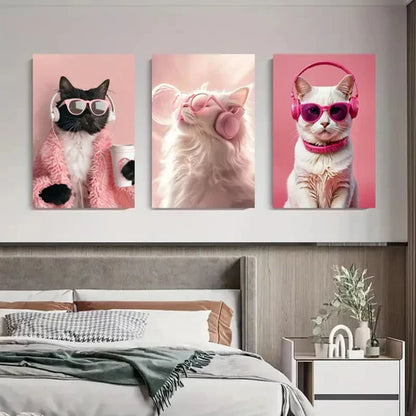 3pcs Three Trendy Cats in Fashion Wall Art Set Canvas Unframed - High Quality Print 100% Australian Made Wall Canvas