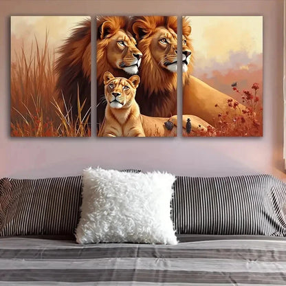 3pcs Lion Family African Portrait Wall Art Set Canvas Framed 40x60cm - High Quality Print 100% Australian Made Wall Canvas Ready to Hang