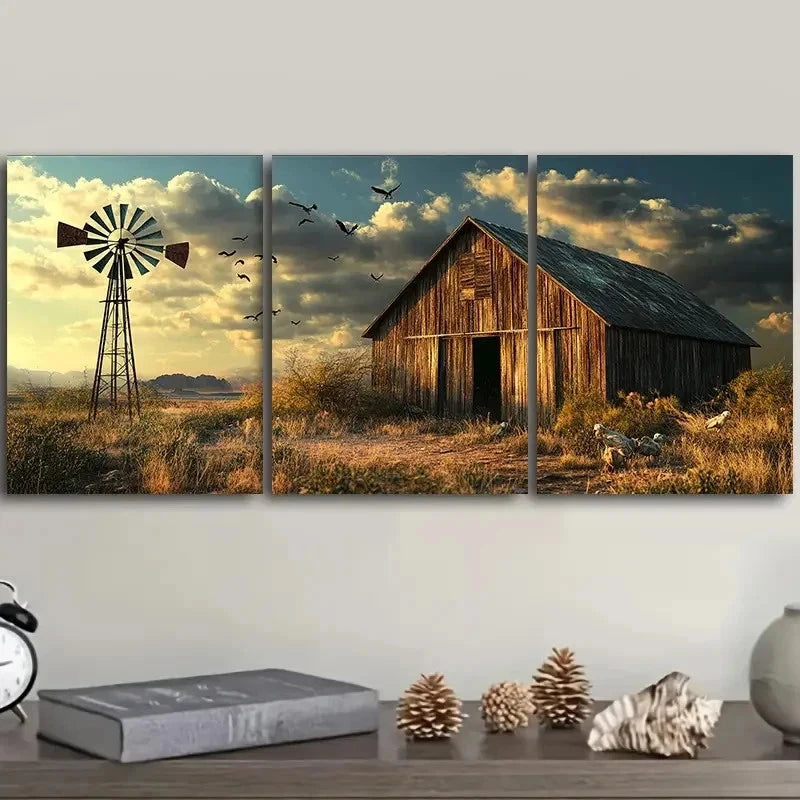 3pcs Barns and Windmills Decoration Wall Art Set Canvas Framed 50x70cm - High Quality Print 100% Australian Made Wall Canvas Ready to Hang - Bella Home Decor