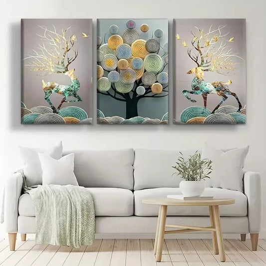 3pcs Abstract Chinese Feng Shui Golden Rich Tree Canvas Framed 40x60cm - High Quality Print 100% Australian Made Wall Canvas Ready to Hang - Bella Home Decor