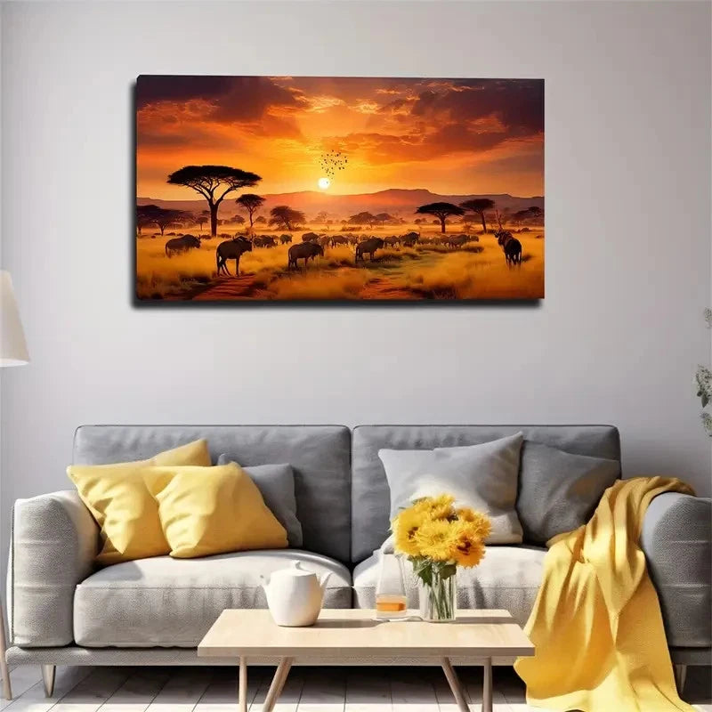 Prairie Sunset Animals Coming Wall Art Canvas Office Home Room Framed 120x60cm