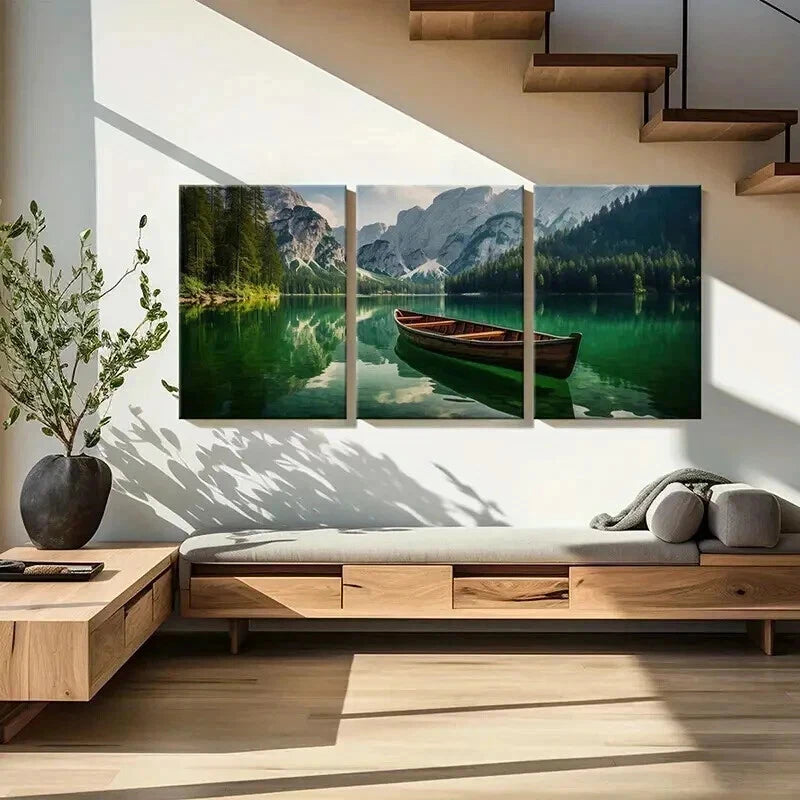 3pcs Green Tranquil Lake Scene with Boat Wall Art Set Canvas Framed 60x90cm - High Quality Print 100% Australian Made Wall Canvas Ready to Hang - Bella Home Decor