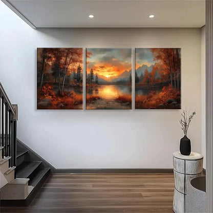 3pcs Sunset Lake Autumn Forest Wall Art Set Canvas Framed 40x60cm - High Quality Print 100% Australian Made Wall Canvas Ready to Hang