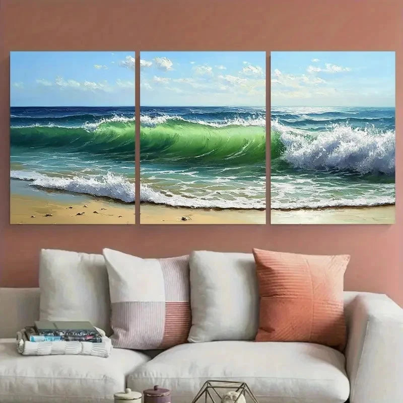 3pcs Green Sea Waves Nature Landscape Beach Metal Print Ready to Hang Art