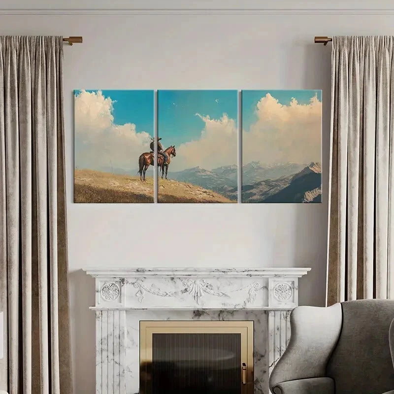 3pcs Western Cowboy On Horseback Mountain LandscapeMetal Print Ready to Hang Art - Bella Home Decor