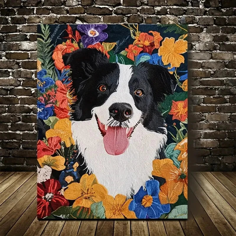 Vibrant Border Collie Dog Colorful Flower Painting 40x60cm Metal Print Ready to Hang - Bella Home Decor