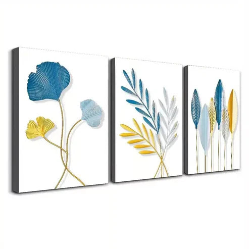 3pcs Blue and Golden leaves Of Flora Canvas Unframed - High Quality Print 100% Australian Made Wall Canvas