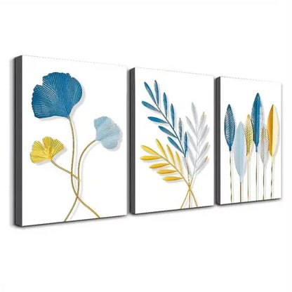 3pcs Blue and Golden leaves Of Flora Canvas Unframed - High Quality Print 100% Australian Made Wall Canvas
