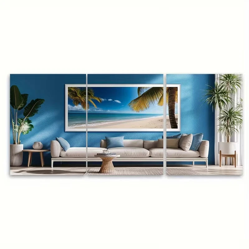 3pcs Caribbean Scene with Palm Trees & Ocean View Metal Print Ready to Hang Art - Bella Home Decor