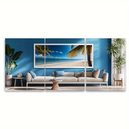 3pcs Caribbean Scene with Palm Trees & Ocean View Metal Print Ready to Hang Art - Bella Home Decor